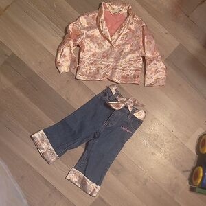 Roca Wear Vtg Y2K Pink Floral Jacket & Jeans Set Bell Bottoms Size 12 M Girls